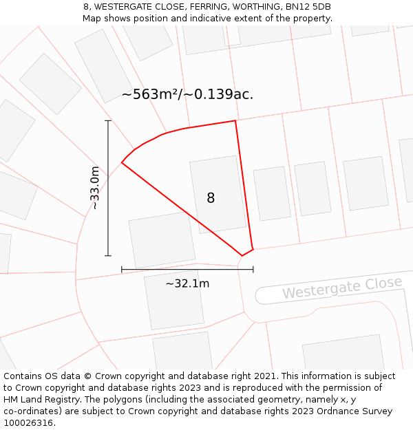 8, WESTERGATE CLOSE, FERRING, WORTHING, BN12 5DB: Plot and title map