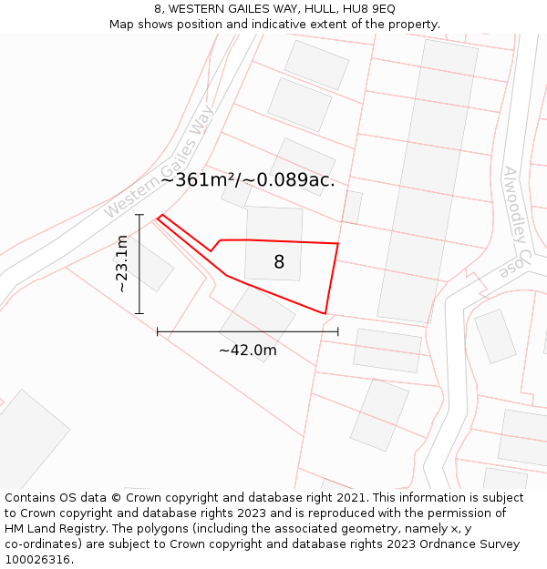 8, WESTERN GAILES WAY, HULL, HU8 9EQ: Plot and title map
