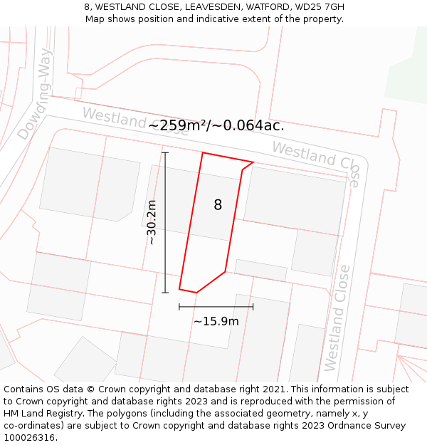 8, WESTLAND CLOSE, LEAVESDEN, WATFORD, WD25 7GH: Plot and title map