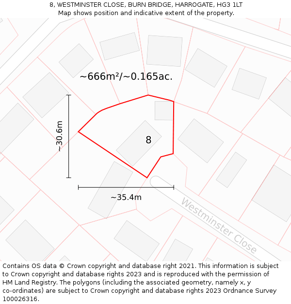 8, WESTMINSTER CLOSE, BURN BRIDGE, HARROGATE, HG3 1LT: Plot and title map