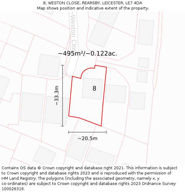 8, WESTON CLOSE, REARSBY, LEICESTER, LE7 4DA: Plot and title map
