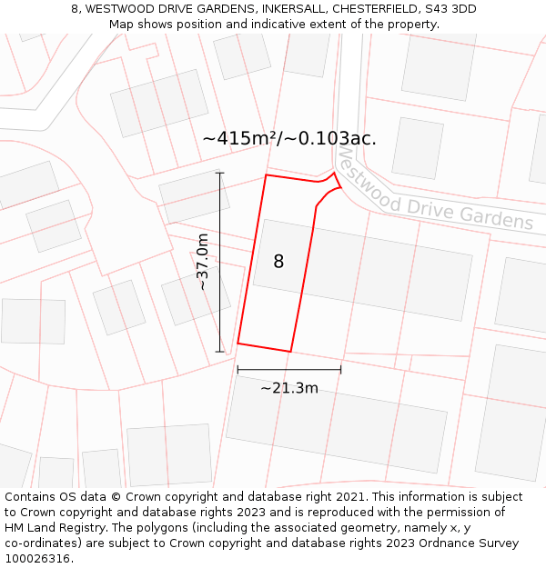 8, WESTWOOD DRIVE GARDENS, INKERSALL, CHESTERFIELD, S43 3DD: Plot and title map
