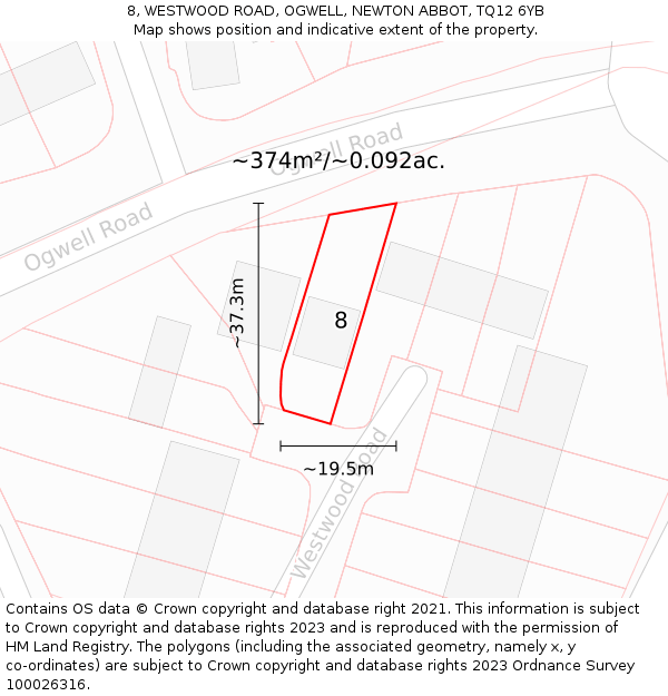 8, WESTWOOD ROAD, OGWELL, NEWTON ABBOT, TQ12 6YB: Plot and title map