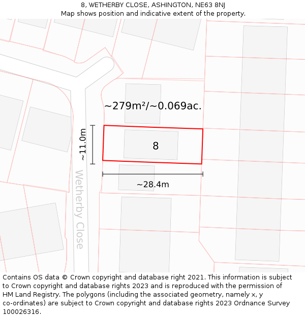 8, WETHERBY CLOSE, ASHINGTON, NE63 8NJ: Plot and title map
