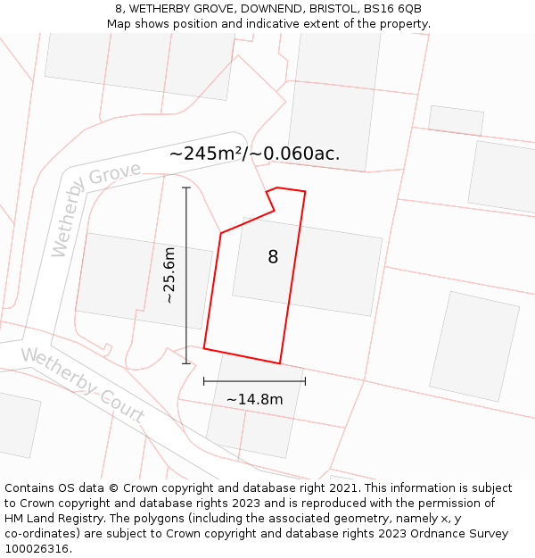 8, WETHERBY GROVE, DOWNEND, BRISTOL, BS16 6QB: Plot and title map