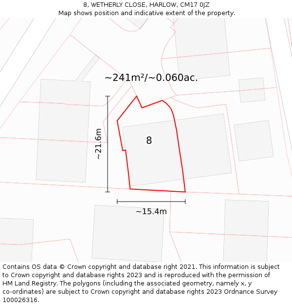 8, WETHERLY CLOSE, HARLOW, CM17 0JZ: Plot and title map