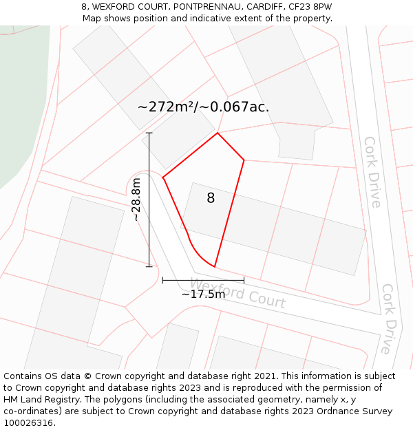 8, WEXFORD COURT, PONTPRENNAU, CARDIFF, CF23 8PW: Plot and title map