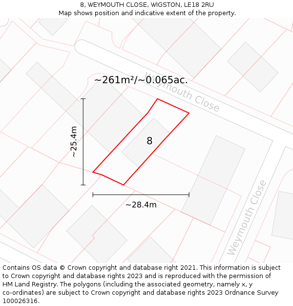 8, WEYMOUTH CLOSE, WIGSTON, LE18 2RU: Plot and title map