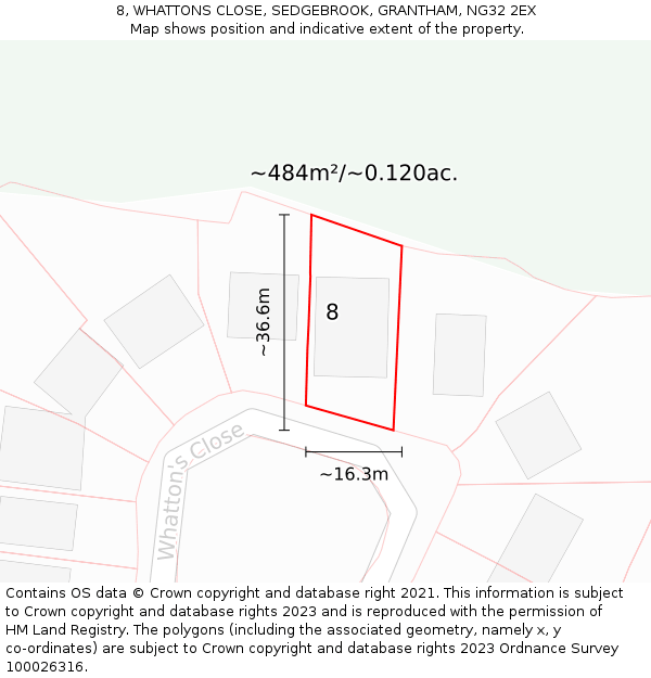 8, WHATTONS CLOSE, SEDGEBROOK, GRANTHAM, NG32 2EX: Plot and title map