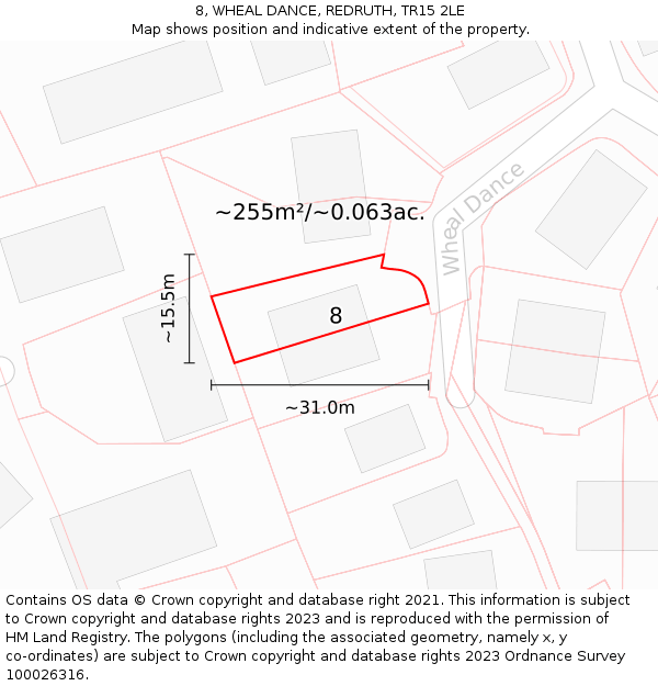 8, WHEAL DANCE, REDRUTH, TR15 2LE: Plot and title map