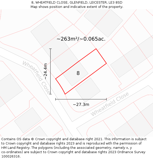 8, WHEATFIELD CLOSE, GLENFIELD, LEICESTER, LE3 8SD: Plot and title map