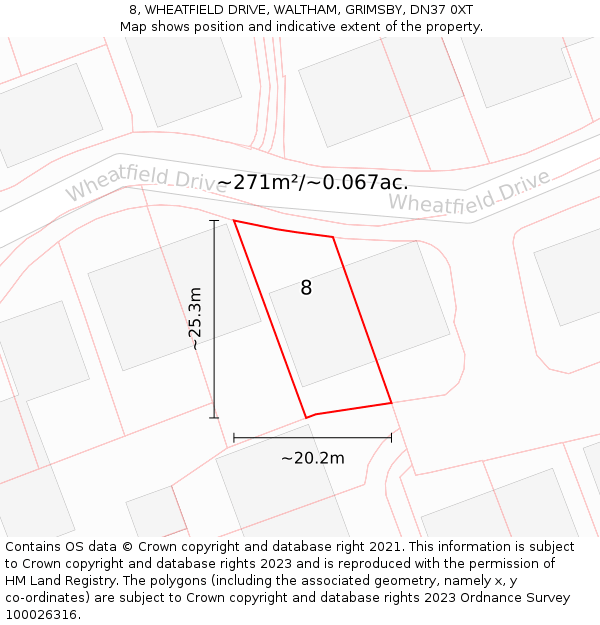 8, WHEATFIELD DRIVE, WALTHAM, GRIMSBY, DN37 0XT: Plot and title map