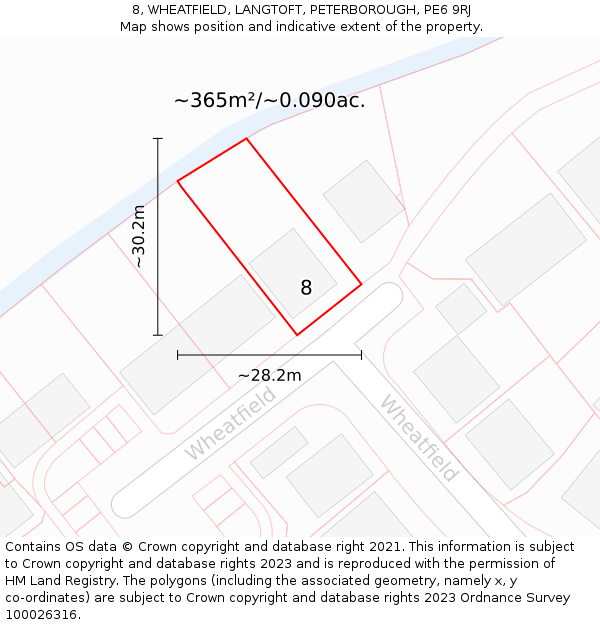 8, WHEATFIELD, LANGTOFT, PETERBOROUGH, PE6 9RJ: Plot and title map