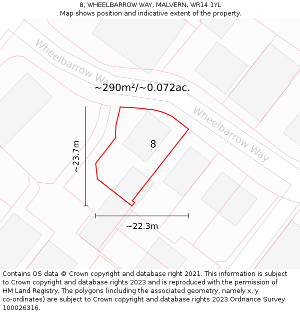 8, WHEELBARROW WAY, MALVERN, WR14 1YL: Plot and title map