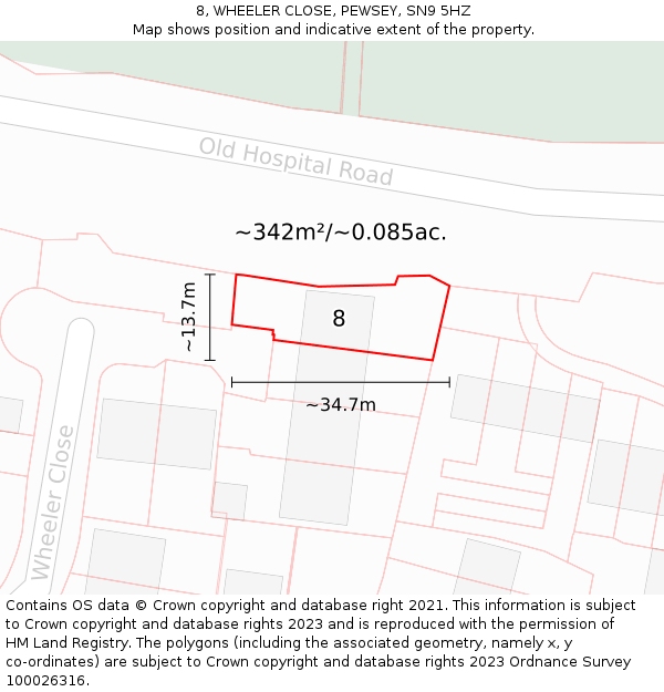 8, WHEELER CLOSE, PEWSEY, SN9 5HZ: Plot and title map