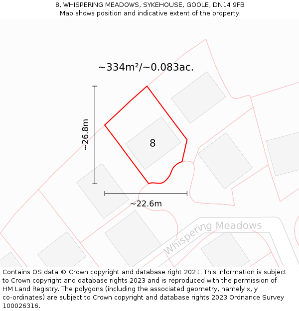 8, WHISPERING MEADOWS, SYKEHOUSE, GOOLE, DN14 9FB: Plot and title map