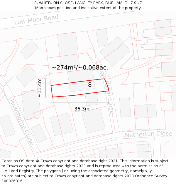 8, WHITBURN CLOSE, LANGLEY PARK, DURHAM, DH7 9UZ: Plot and title map
