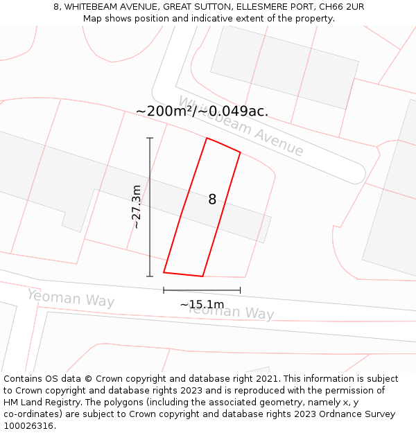8, WHITEBEAM AVENUE, GREAT SUTTON, ELLESMERE PORT, CH66 2UR: Plot and title map