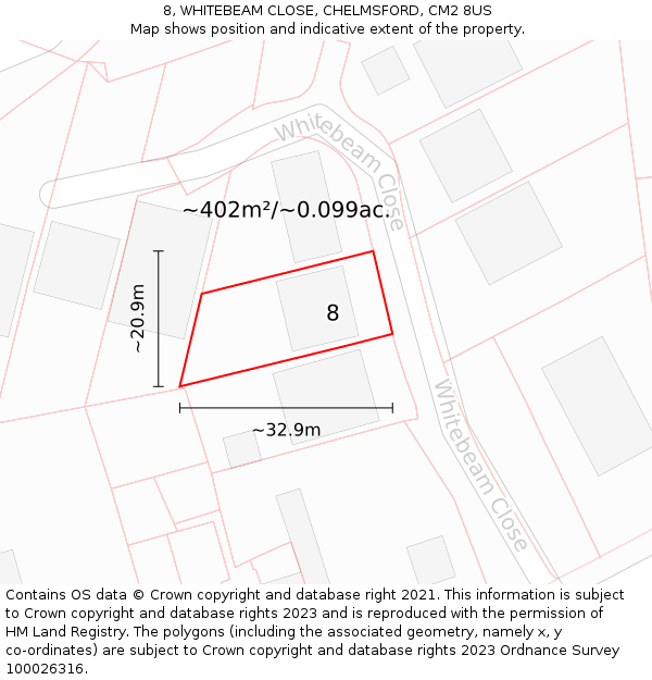 8, WHITEBEAM CLOSE, CHELMSFORD, CM2 8US: Plot and title map