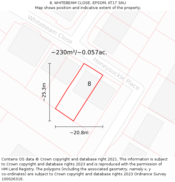 8, WHITEBEAM CLOSE, EPSOM, KT17 3AU: Plot and title map