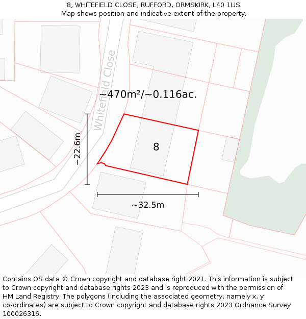 8, WHITEFIELD CLOSE, RUFFORD, ORMSKIRK, L40 1US: Plot and title map