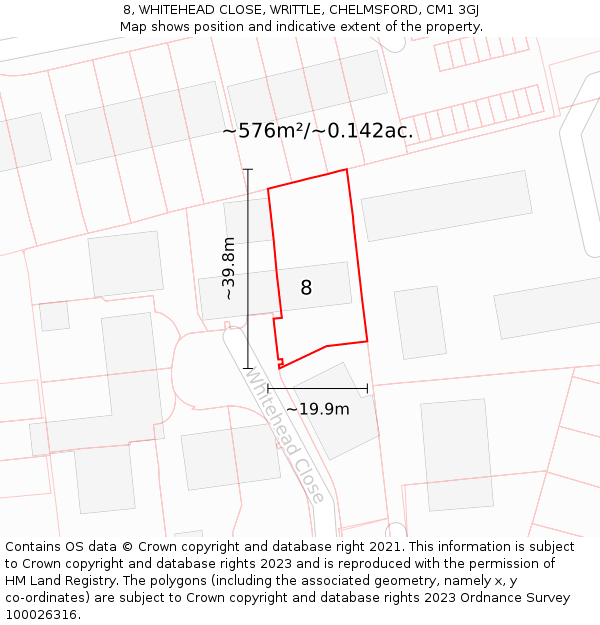 8, WHITEHEAD CLOSE, WRITTLE, CHELMSFORD, CM1 3GJ: Plot and title map