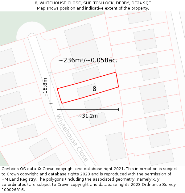 8, WHITEHOUSE CLOSE, SHELTON LOCK, DERBY, DE24 9QE: Plot and title map
