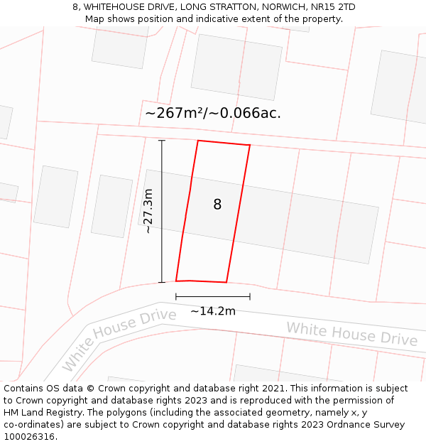 8, WHITEHOUSE DRIVE, LONG STRATTON, NORWICH, NR15 2TD: Plot and title map