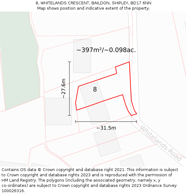 8, WHITELANDS CRESCENT, BAILDON, SHIPLEY, BD17 6NN: Plot and title map