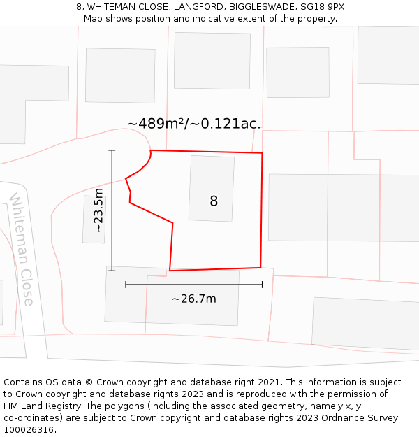 8, WHITEMAN CLOSE, LANGFORD, BIGGLESWADE, SG18 9PX: Plot and title map