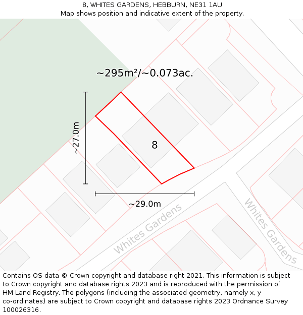 8, WHITES GARDENS, HEBBURN, NE31 1AU: Plot and title map