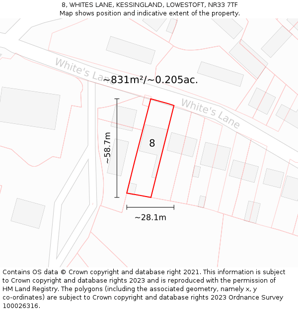 8, WHITES LANE, KESSINGLAND, LOWESTOFT, NR33 7TF: Plot and title map