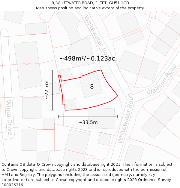 8, WHITEWATER ROAD, FLEET, GU51 1GB: Plot and title map
