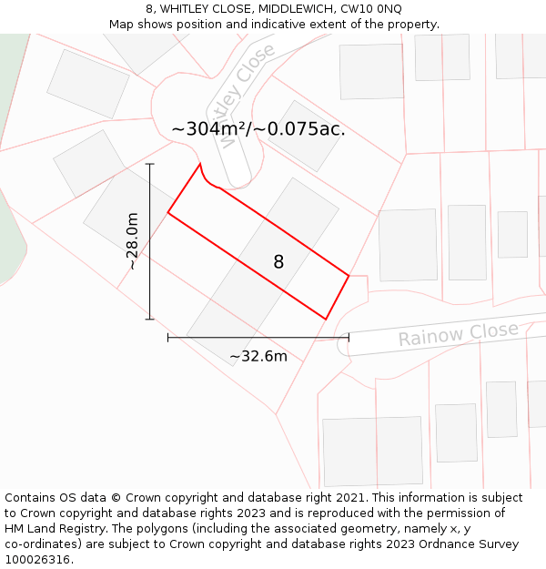 8, WHITLEY CLOSE, MIDDLEWICH, CW10 0NQ: Plot and title map
