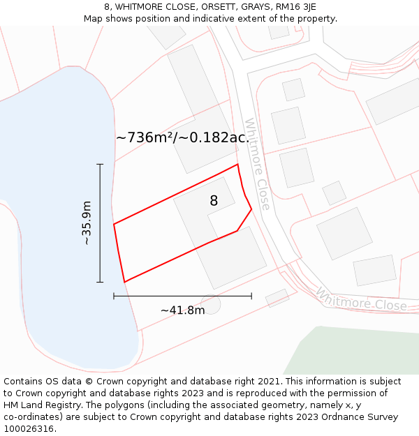 8, WHITMORE CLOSE, ORSETT, GRAYS, RM16 3JE: Plot and title map