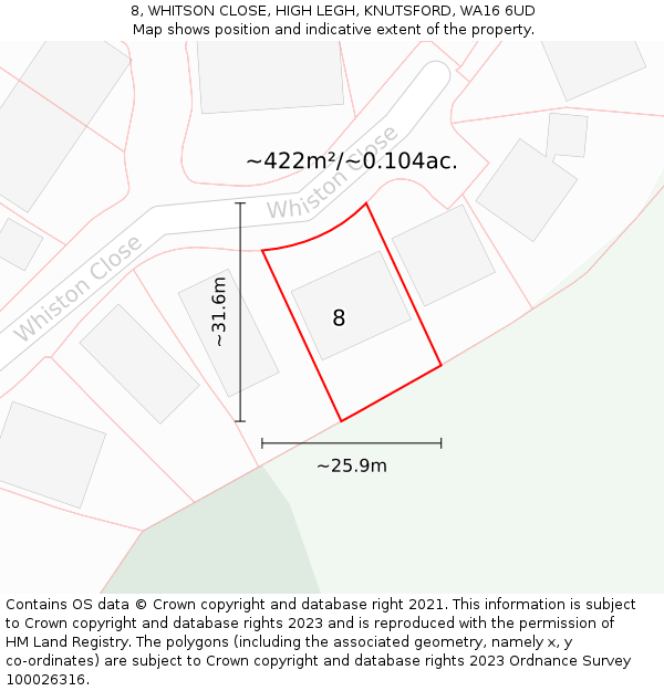 8, WHITSON CLOSE, HIGH LEGH, KNUTSFORD, WA16 6UD: Plot and title map