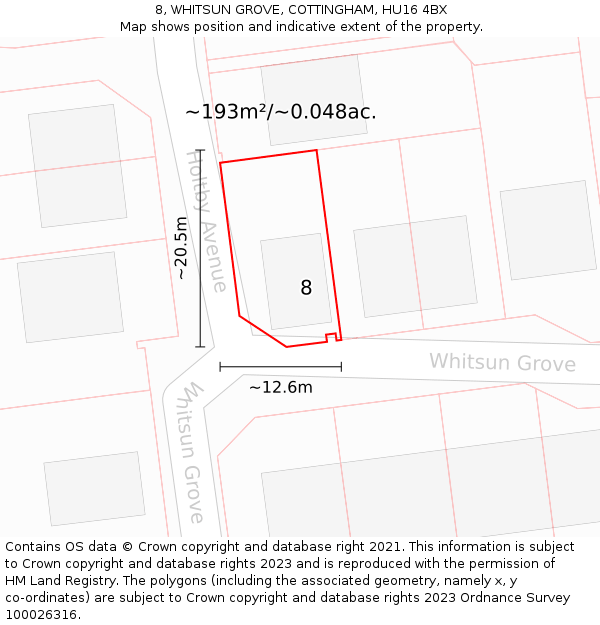 8, WHITSUN GROVE, COTTINGHAM, HU16 4BX: Plot and title map