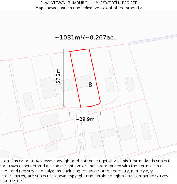 8, WHYTEWAY, RUMBURGH, HALESWORTH, IP19 0PE: Plot and title map