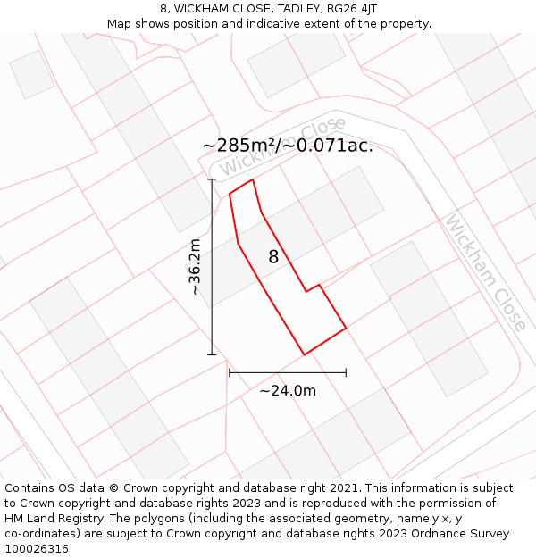 8, WICKHAM CLOSE, TADLEY, RG26 4JT: Plot and title map