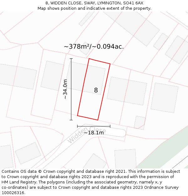 8, WIDDEN CLOSE, SWAY, LYMINGTON, SO41 6AX: Plot and title map