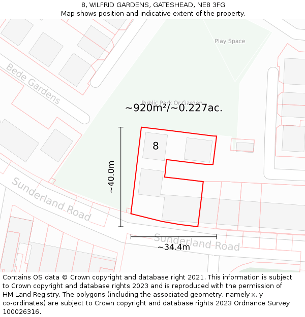 8, WILFRID GARDENS, GATESHEAD, NE8 3FG: Plot and title map