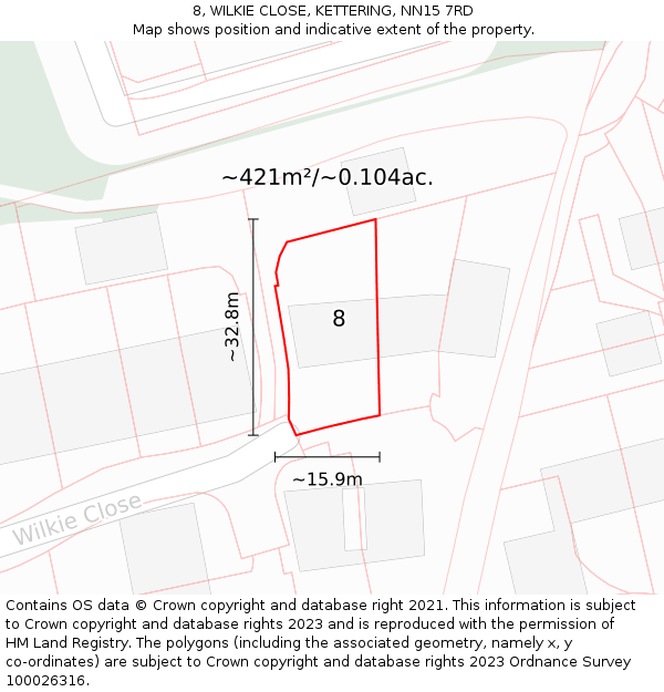 8, WILKIE CLOSE, KETTERING, NN15 7RD: Plot and title map