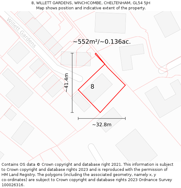 8, WILLETT GARDENS, WINCHCOMBE, CHELTENHAM, GL54 5JH: Plot and title map