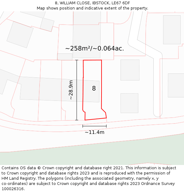 8, WILLIAM CLOSE, IBSTOCK, LE67 6DF: Plot and title map