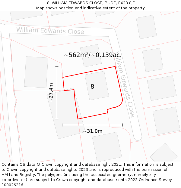 8, WILLIAM EDWARDS CLOSE, BUDE, EX23 8JE: Plot and title map