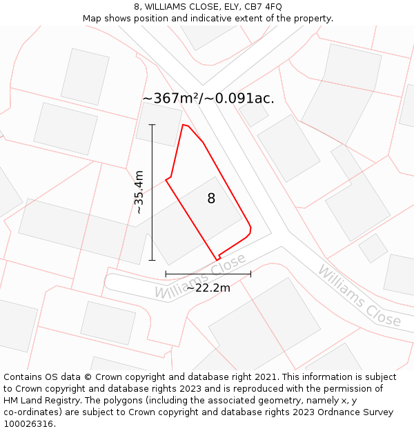 8, WILLIAMS CLOSE, ELY, CB7 4FQ: Plot and title map