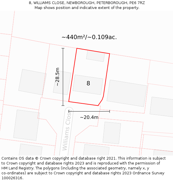 8, WILLIAMS CLOSE, NEWBOROUGH, PETERBOROUGH, PE6 7RZ: Plot and title map
