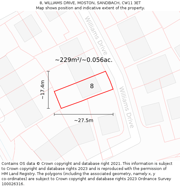 8, WILLIAMS DRIVE, MOSTON, SANDBACH, CW11 3ET: Plot and title map