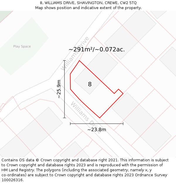 8, WILLIAMS DRIVE, SHAVINGTON, CREWE, CW2 5TQ: Plot and title map