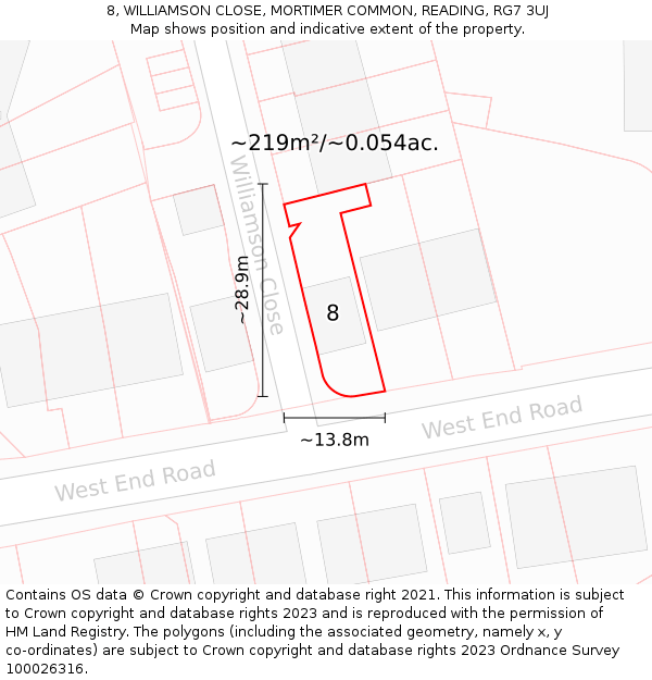 8, WILLIAMSON CLOSE, MORTIMER COMMON, READING, RG7 3UJ: Plot and title map